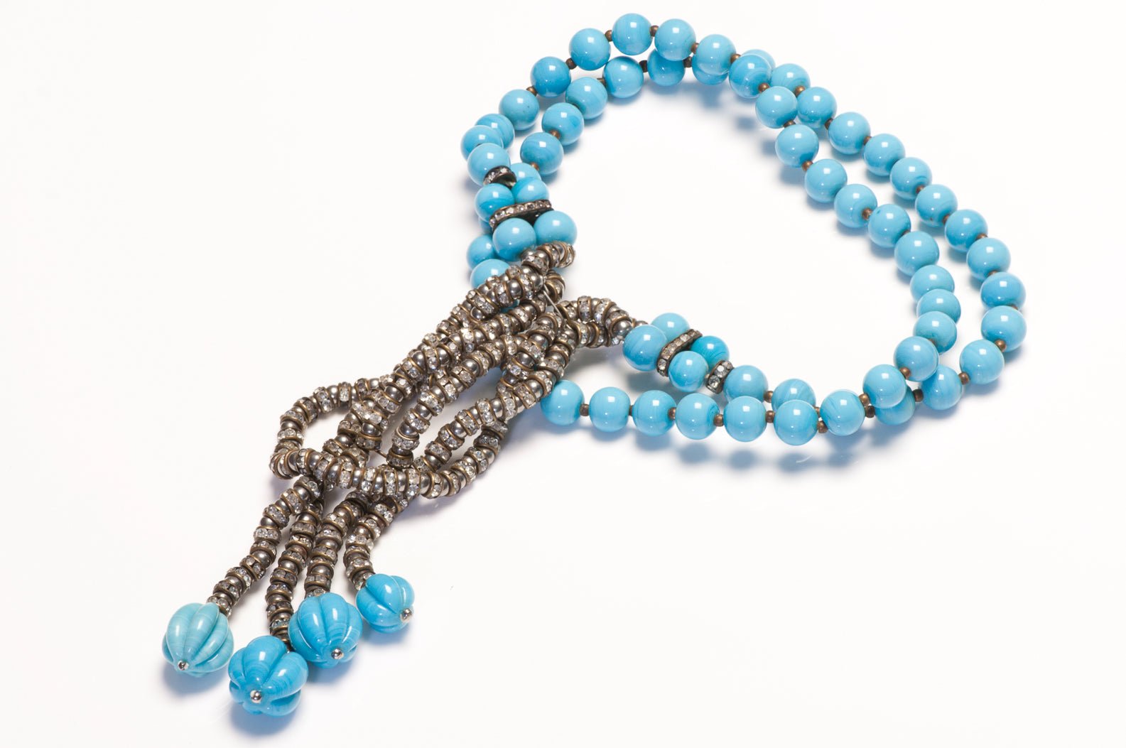 Francoise Montague 1960’s Turquoise Blue Glass Beads Crystal Tassel Necklace - DSF Antique Jewelry