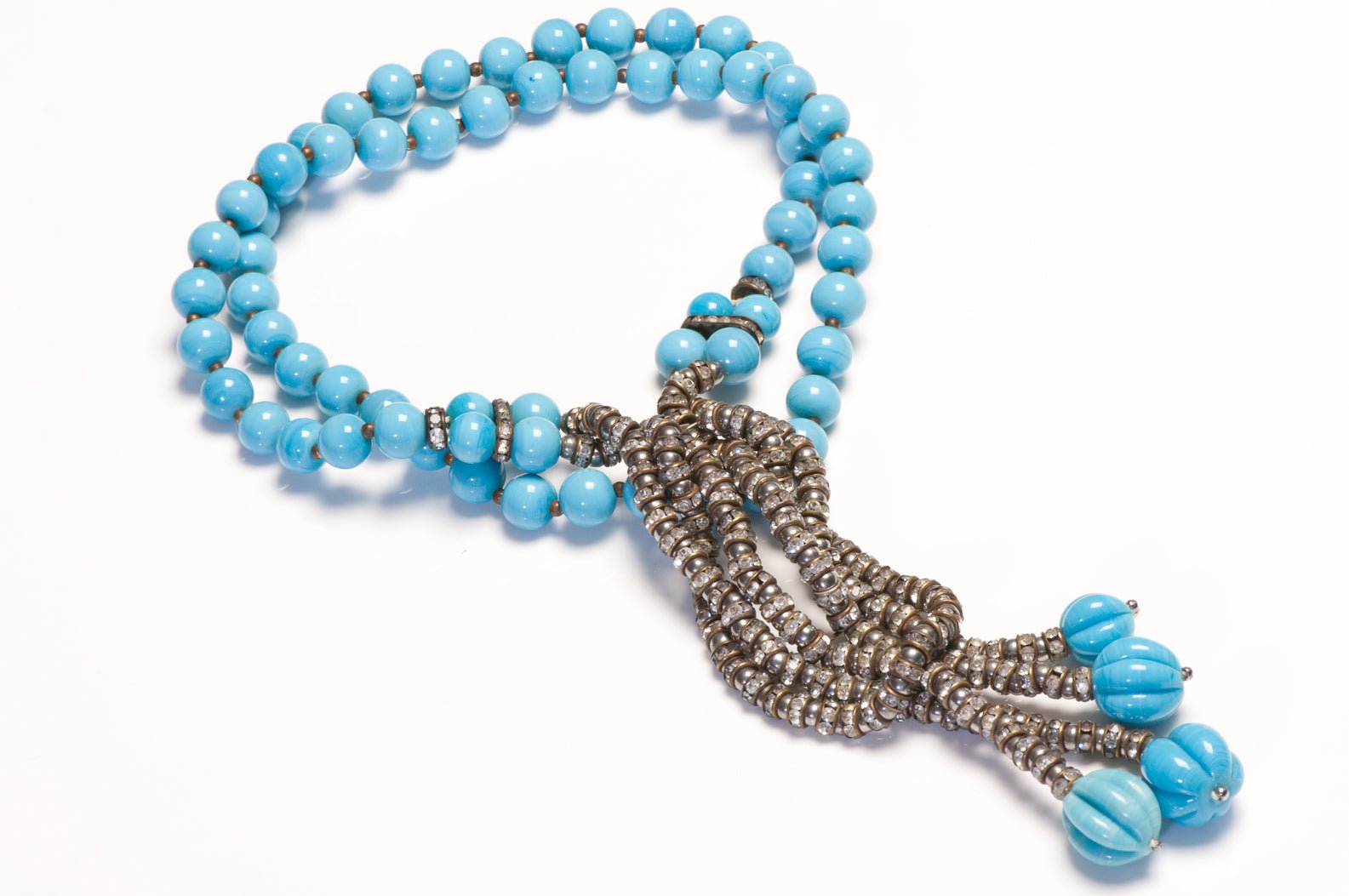 Francoise Montague 1960’s Turquoise Blue Glass Beads Crystal Tassel Necklace - DSF Antique Jewelry