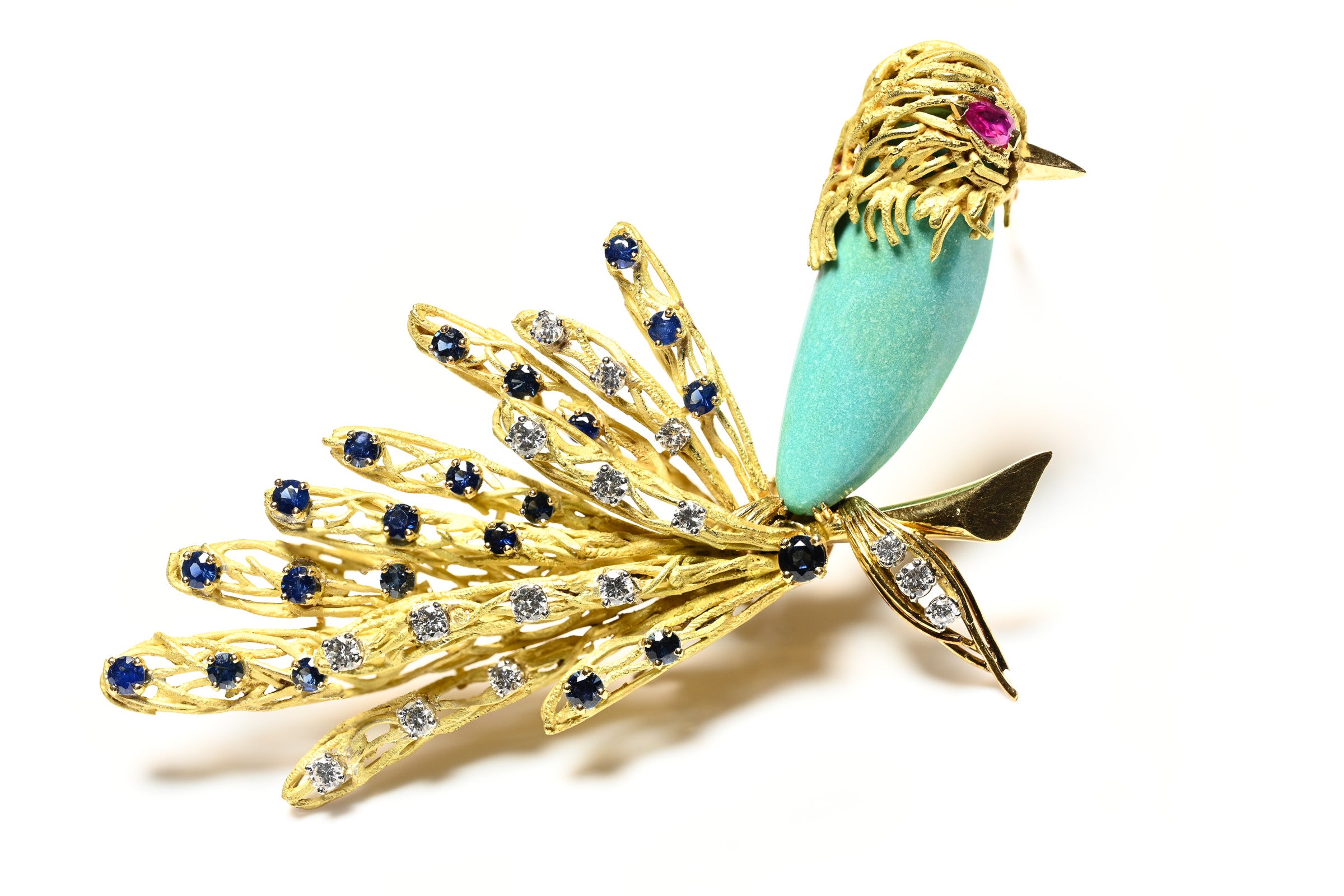 Vintage French 18K Gold Bird Brooch with Blue Agate, Diamonds, Sapphires and Ruby