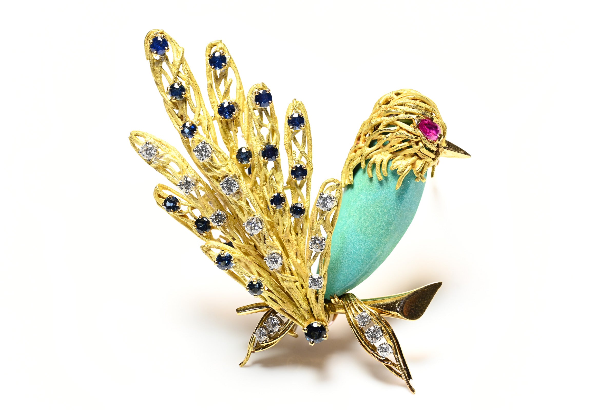 French 18K Gold Bird Brooch Blue Agate, Diamonds, Sapphires Ruby