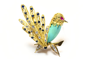 Vintage French 18K Gold Bird Brooch with Blue Agate, Diamonds, Sapphires and Ruby