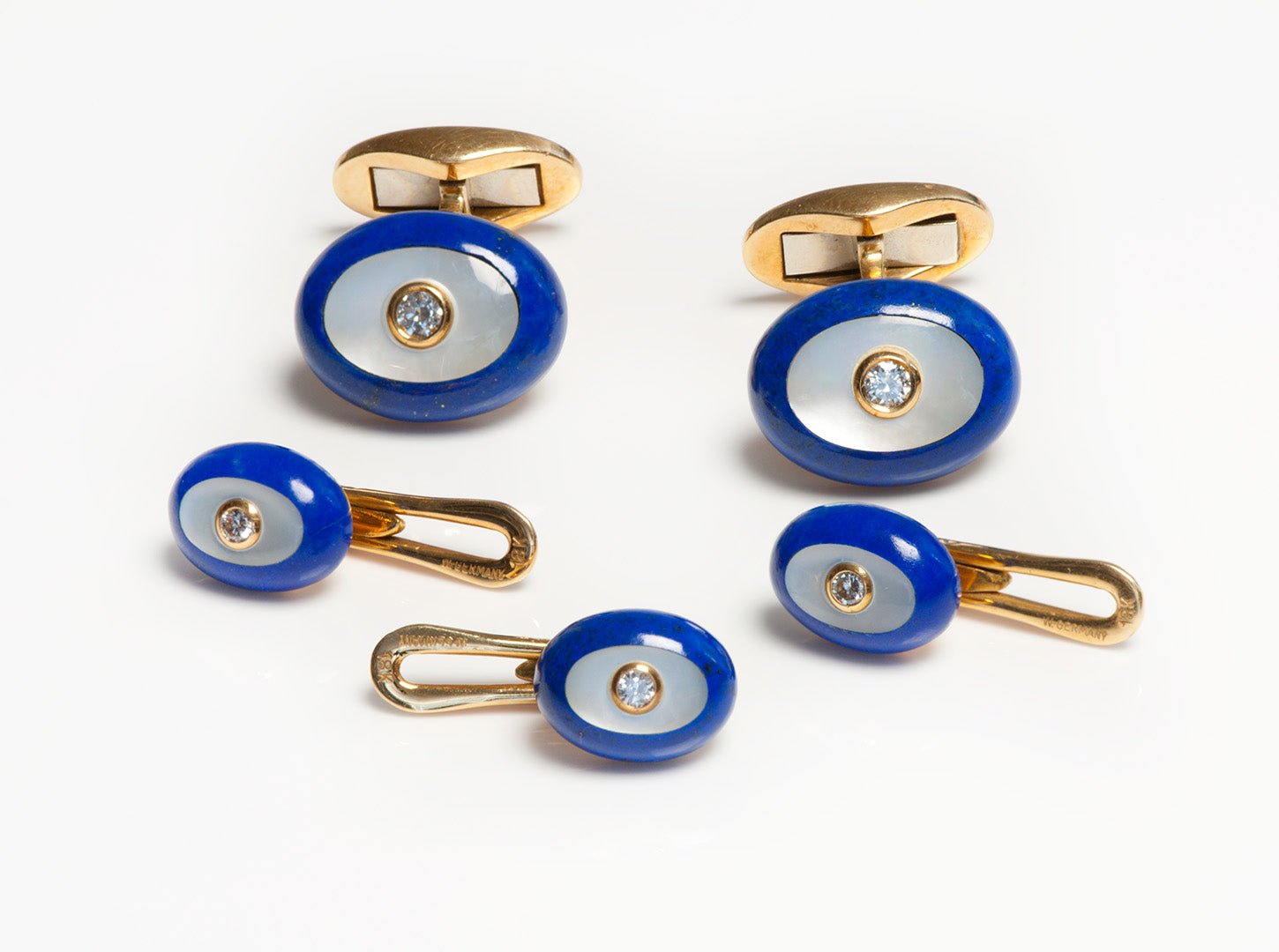 Fred Paris 18K Gold Lapis Mother of Pearl Diamond Cufflink Stud Set - DSF Antique Jewelry