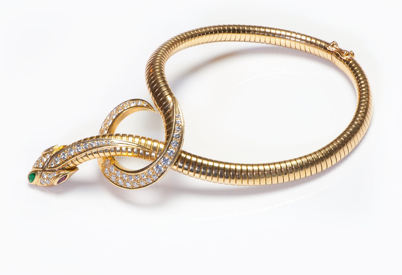 French 18K Gold Diamond Ruby Emerald Snake Bracelet