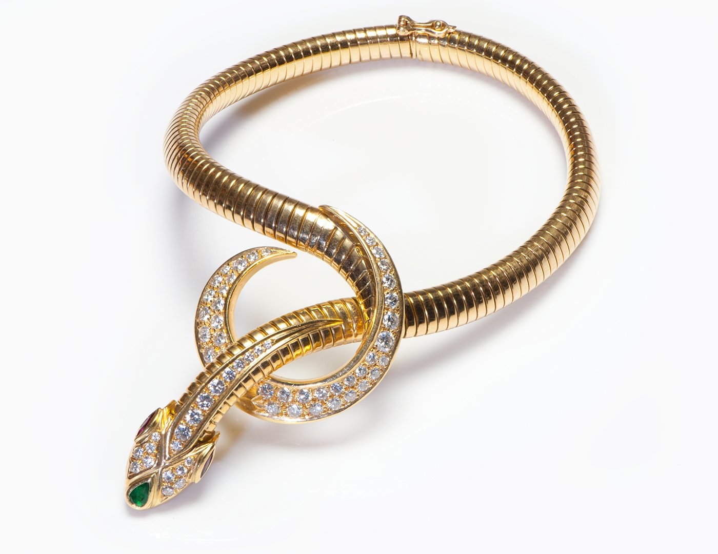 French 18K Gold Diamond Ruby Emerald Snake Bracelet