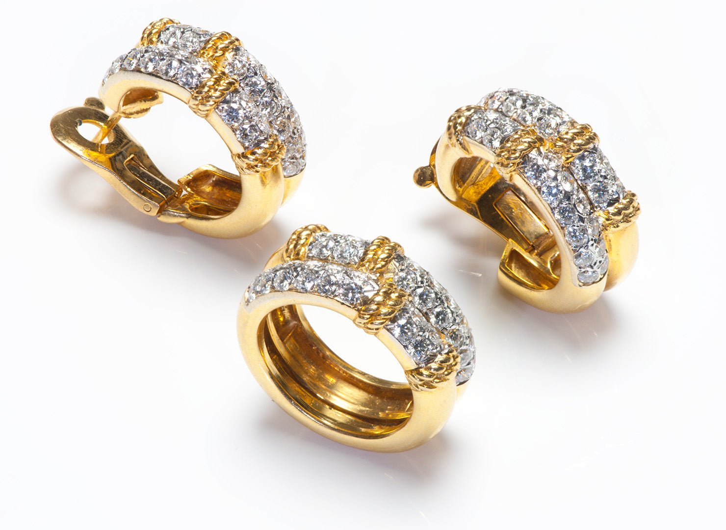 French 18K Yellow Gold Diamond Earrings Ring Set