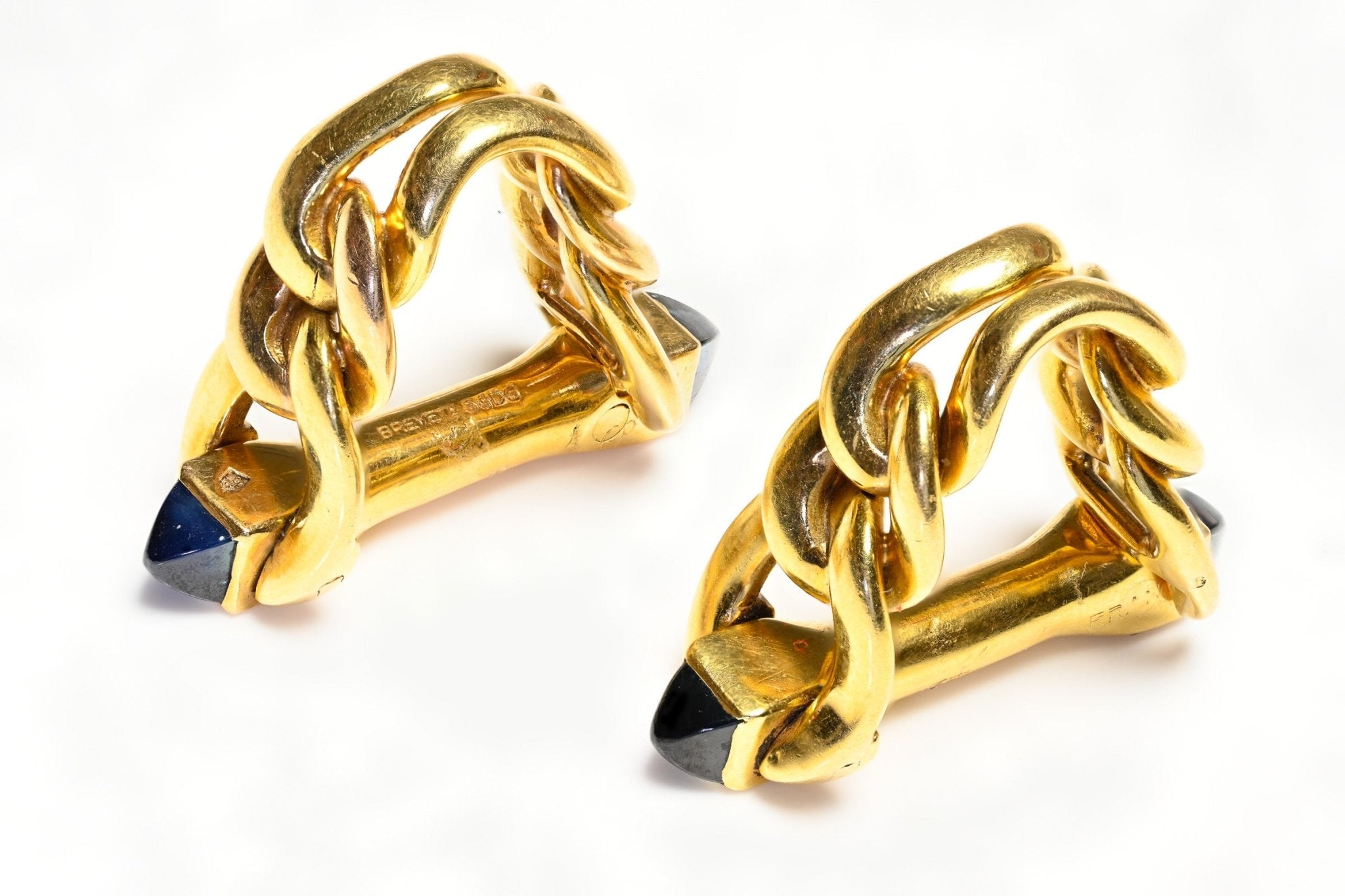 French 18K Yellow Gold Sapphire Stirrup Cufflinks - DSF Antique Jewelry