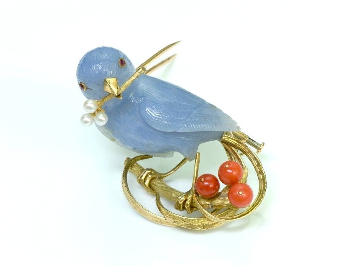 French Chalcedony Bird 18K Gold Coral Pearl Brooch