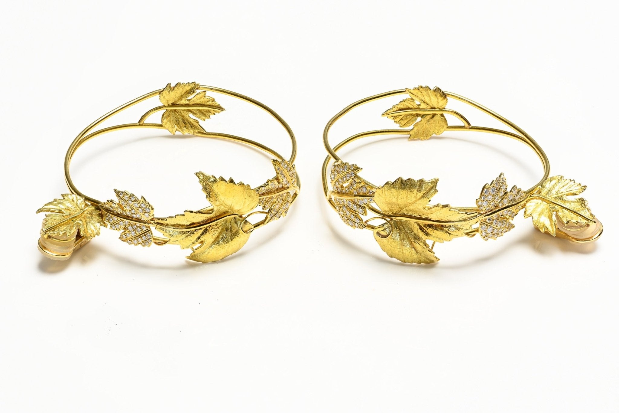 French Diamond 18K Gold Leaf Large Hoop Earrings