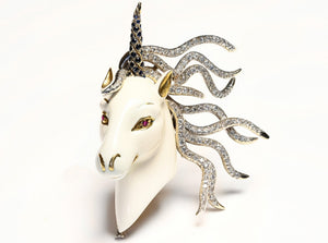 French Diamond Ruby Sapphire Enamel 18K Gold Unicorn Brooch