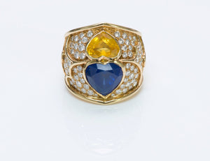 French 18K Gold Heart Ring with Blue and Yellow Sapphires & Diamonds