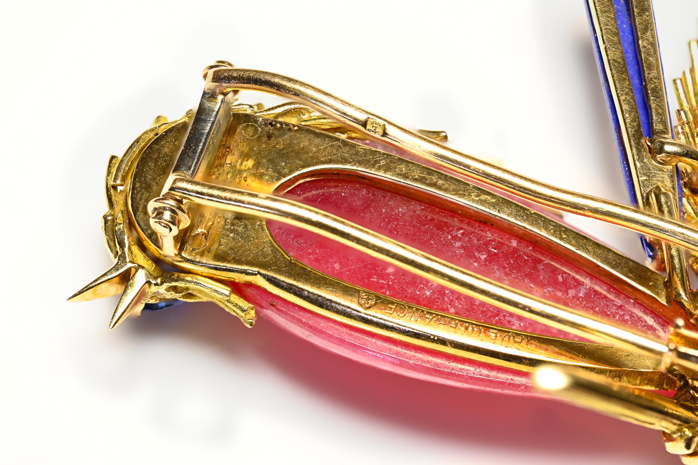 French 18K Gold Bird Brooch with Pink Agate, Lapis, Sapphire