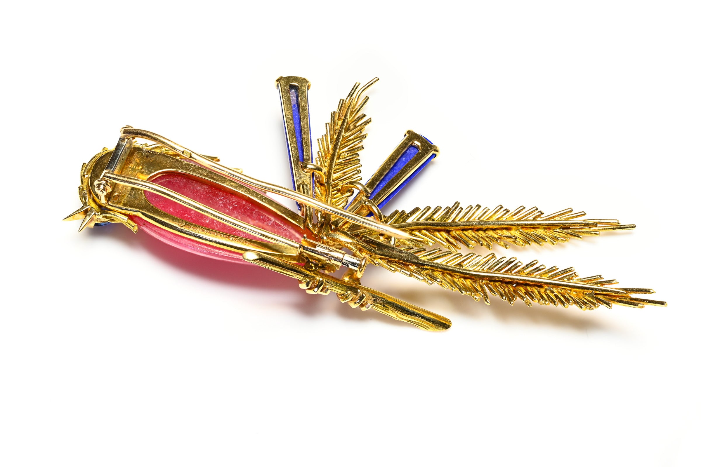 French 18K Gold Bird Brooch with Pink Agate, Lapis, and Sapphire