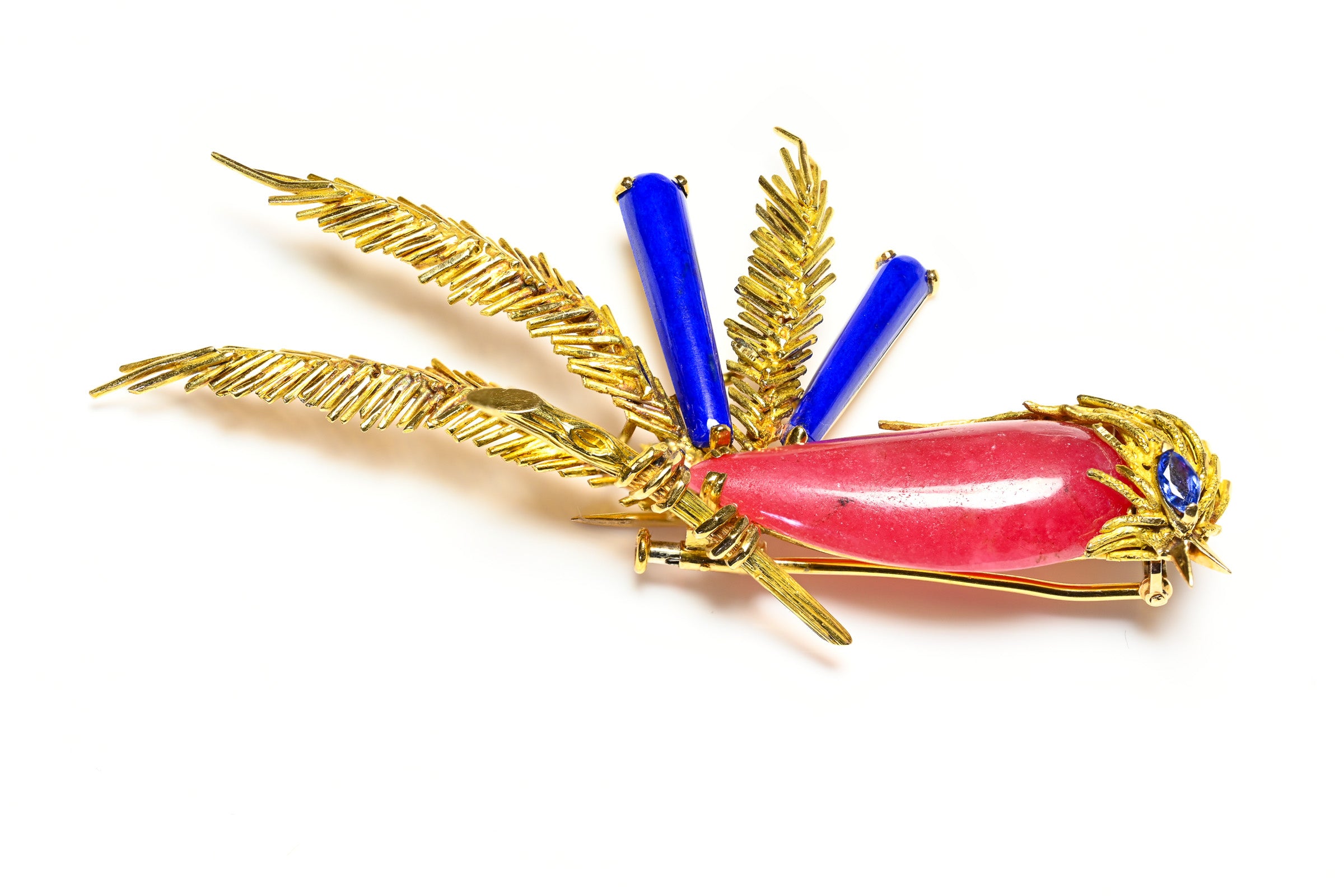 French 18K Bird Brooch Pink Agate, Lapis, Sapphire Vintage 