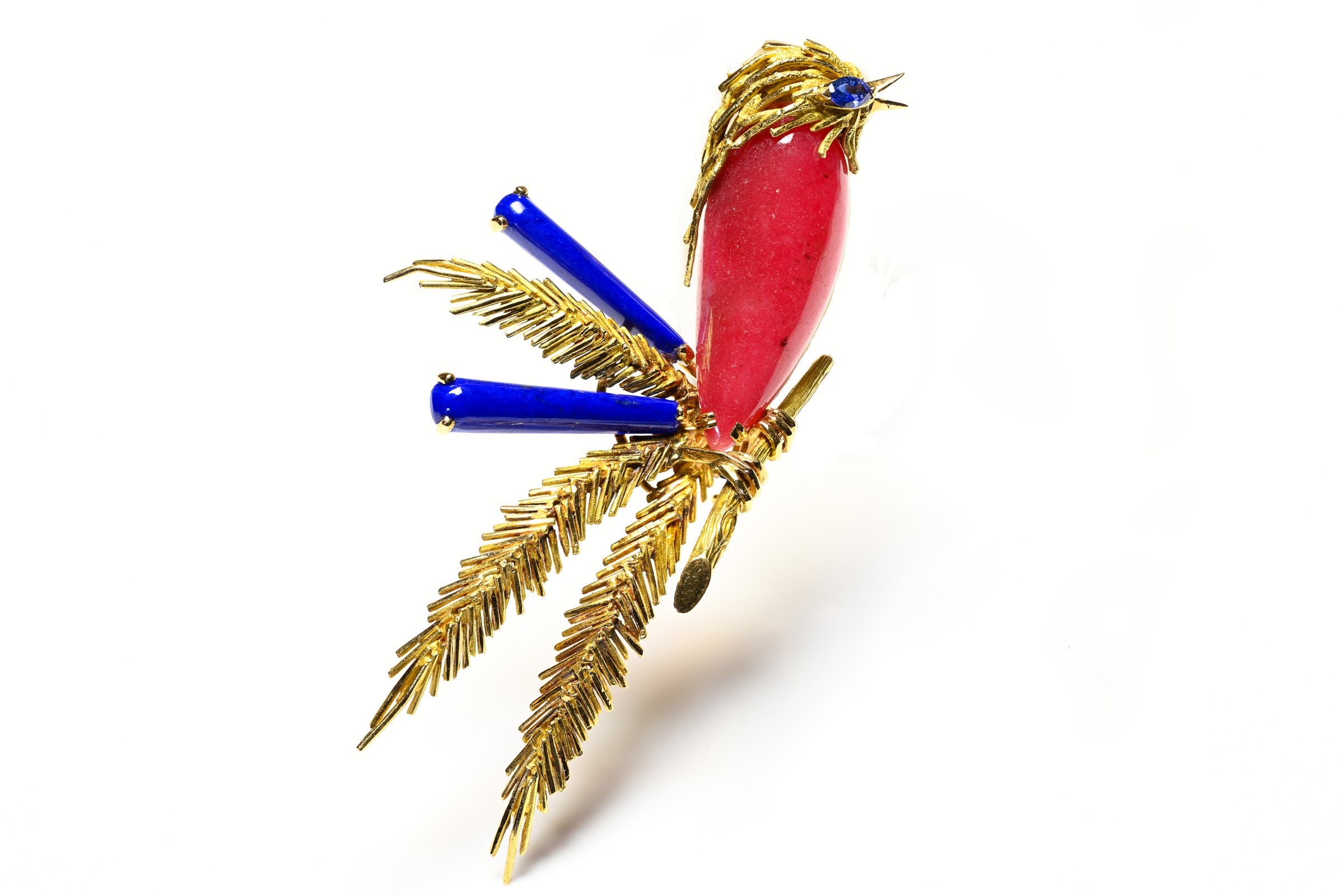 French 18K Gold Bird Brooch Pink Agate, Lapis Sapphire