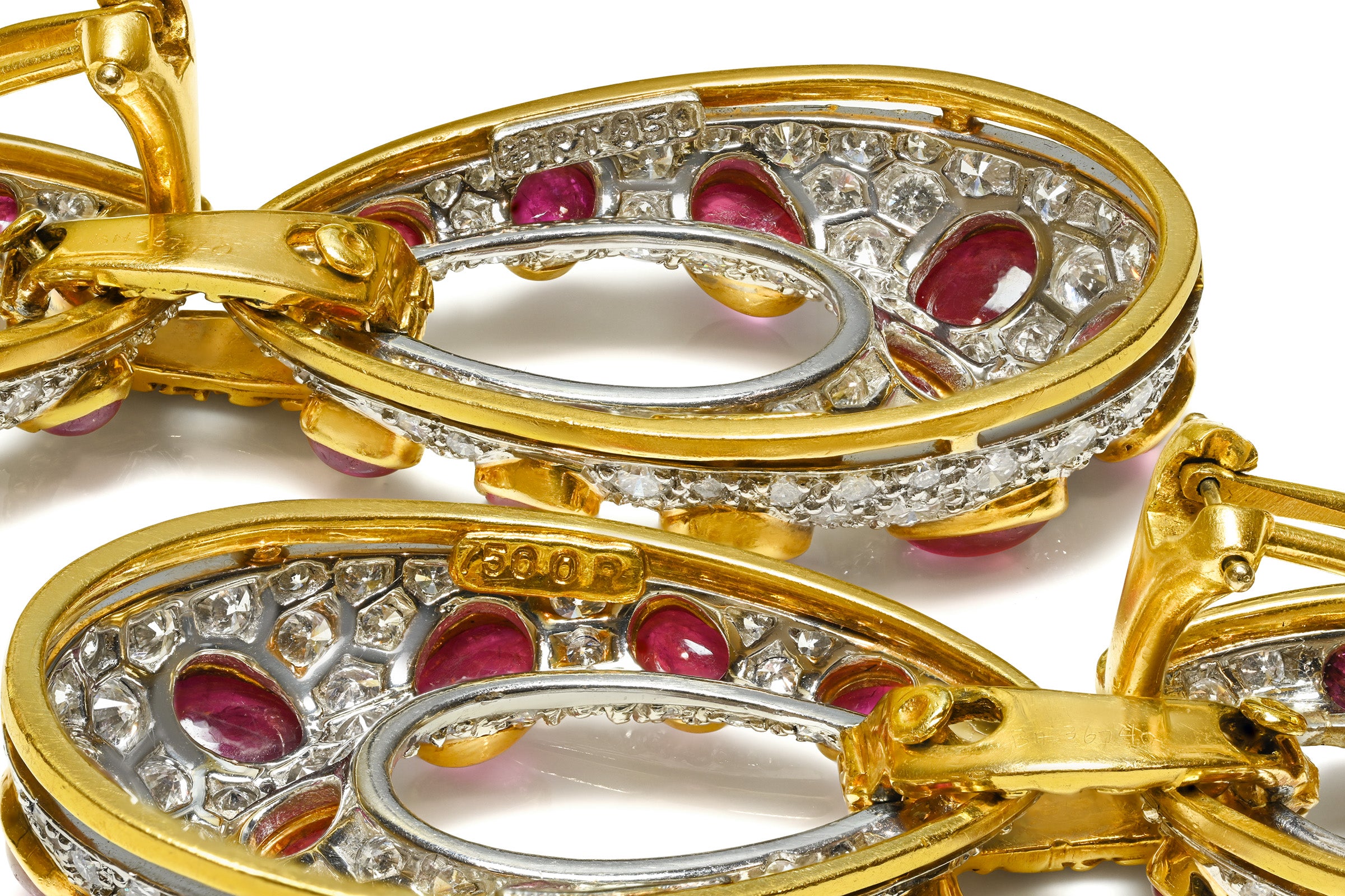French 18K Gold and Platinum Ruby Diamond Drop Earrings