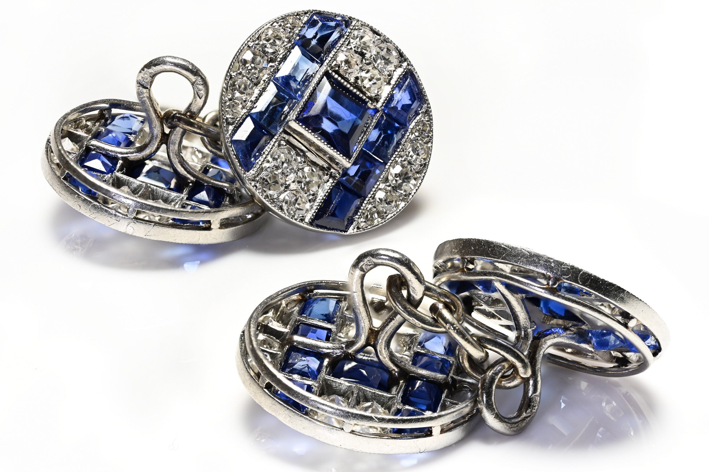  French Art Deco Cufflinks in Platinum with Sapphires and Diamonds