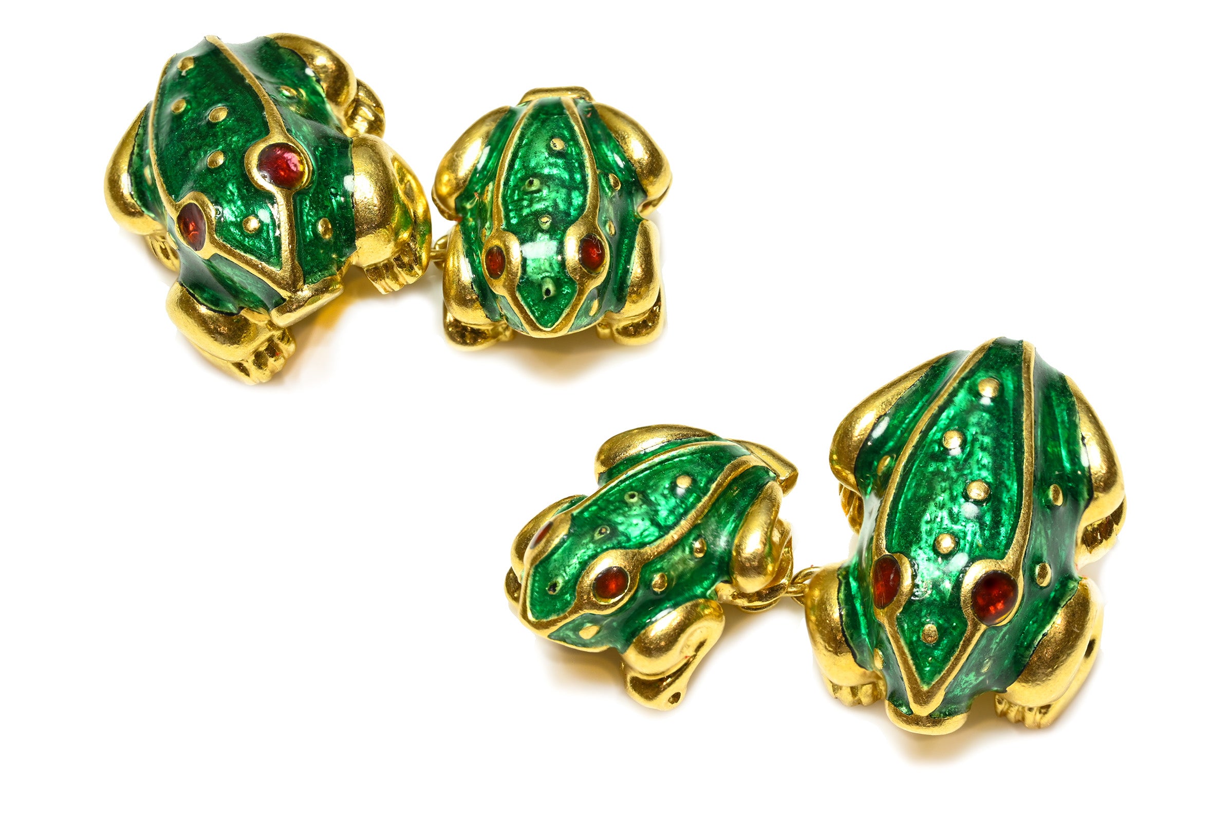 18K Gold Enamel Frog Cufflinks red green 