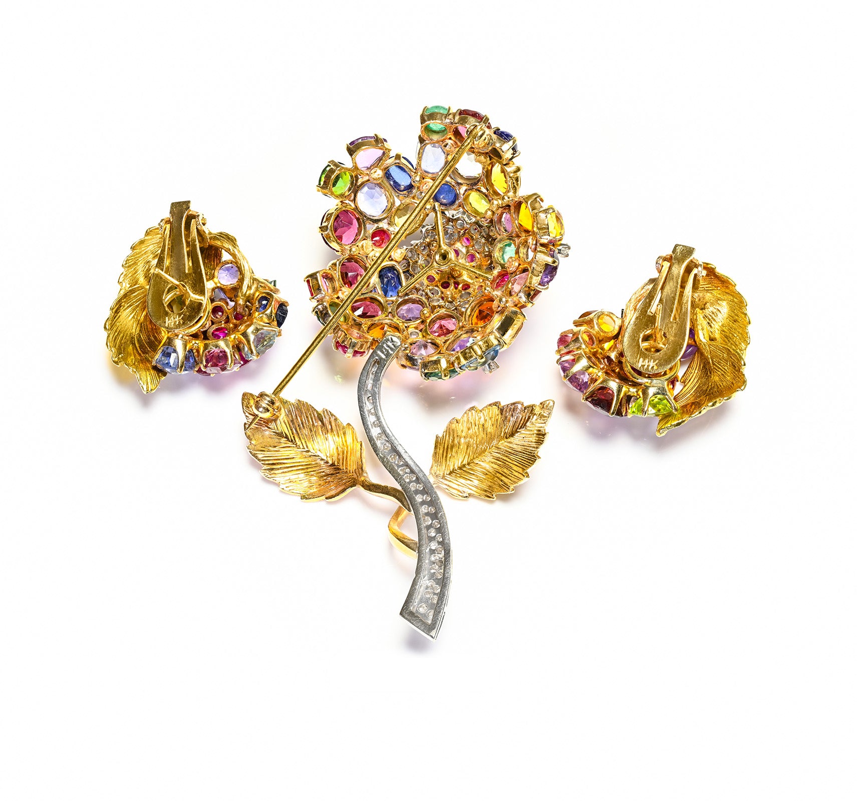 Diamond Multi Gemstone Gold Flower Earrings Brooch Set 