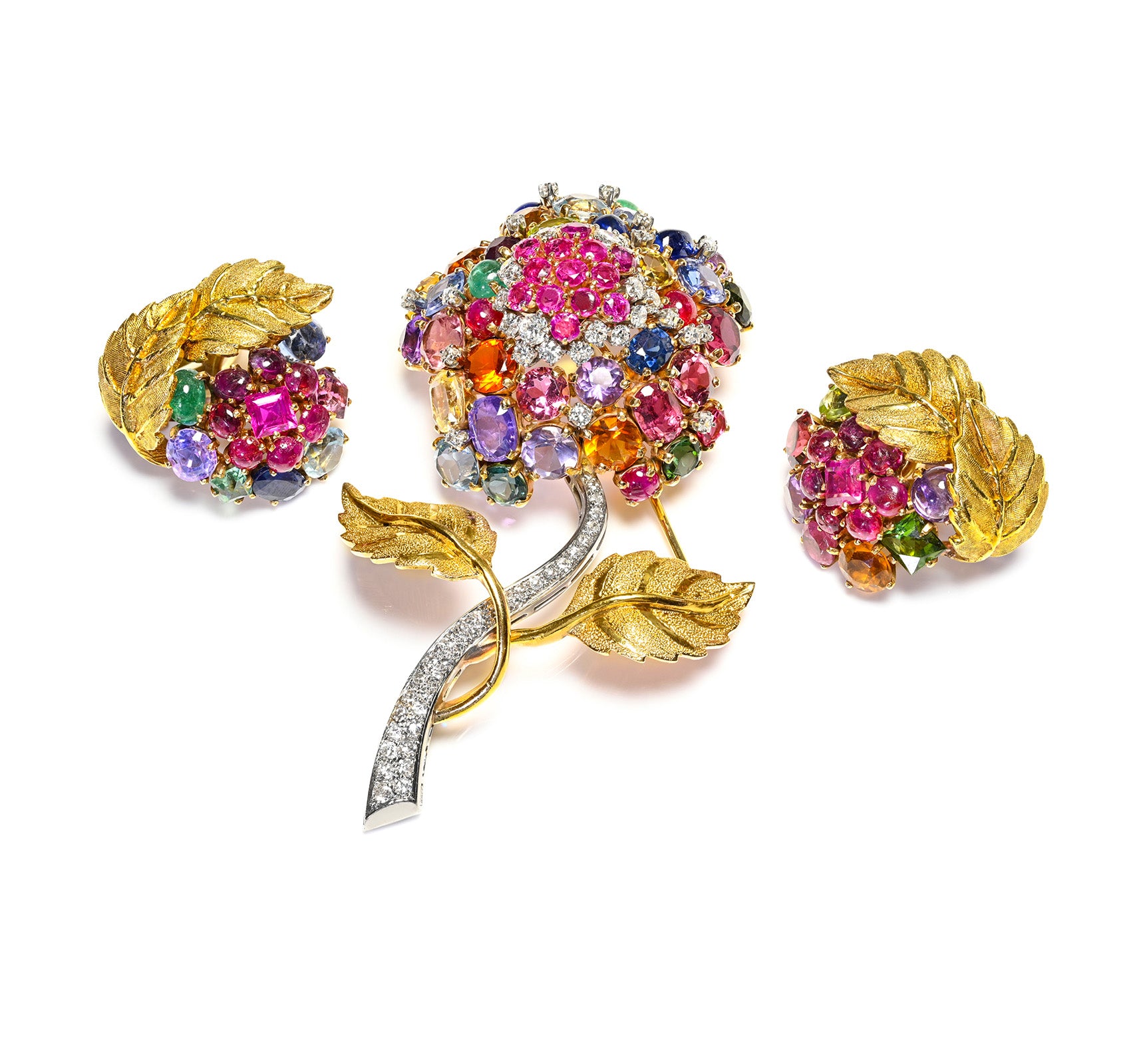 Diamond Multi Gemstone Gold Flower Earrings Brooch Set 