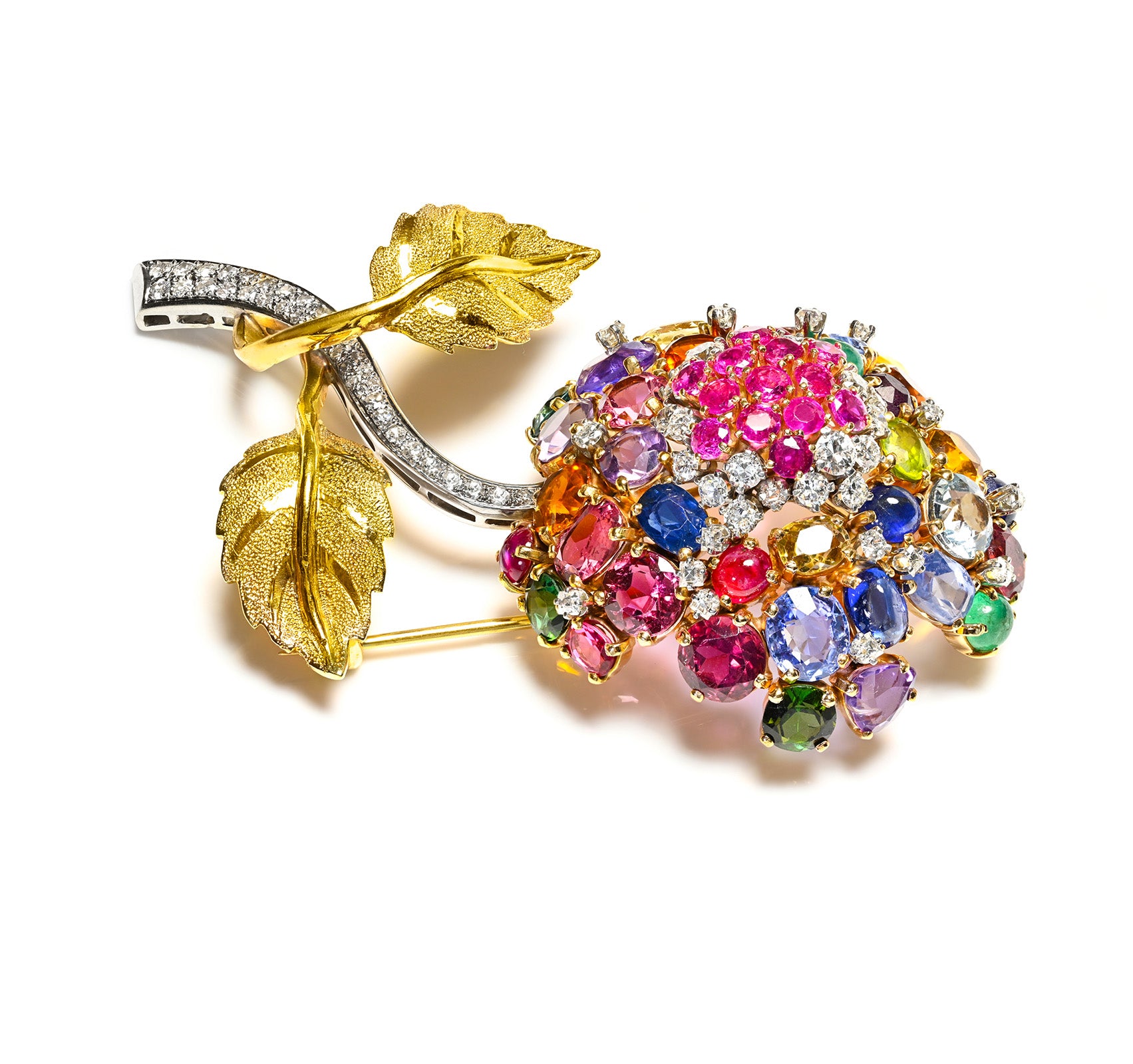 Diamond Multi Gemstone Gold Flower Brooch 