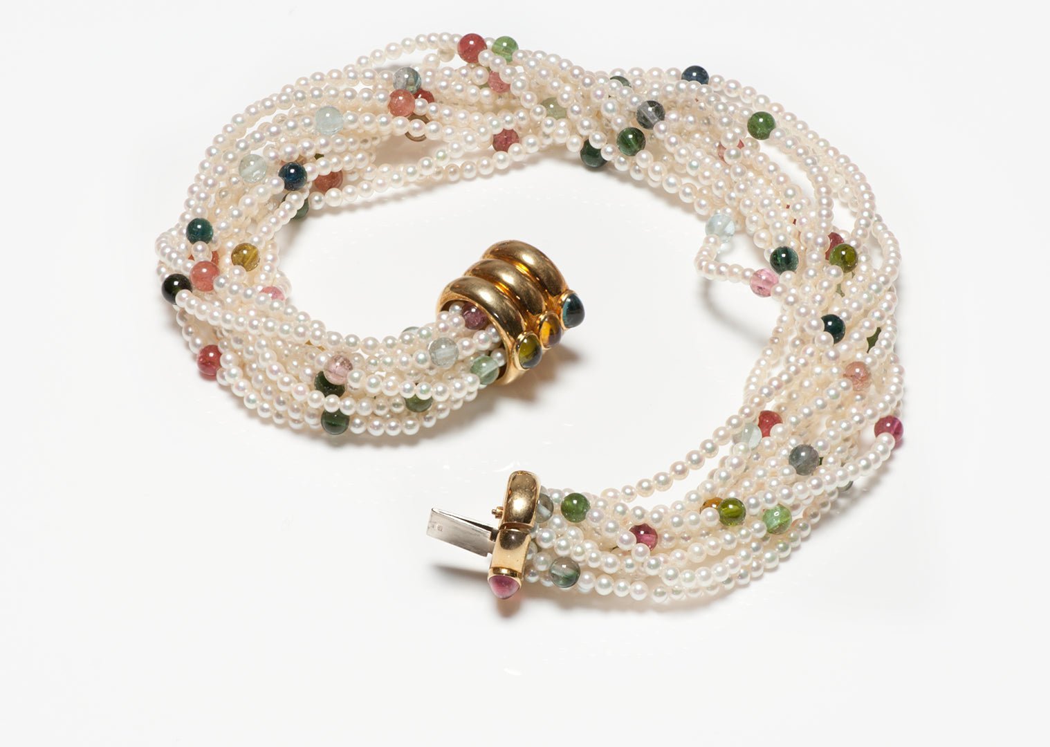 Gemstone 18K Gold Clasp Multi Strand Pearl Collar Necklace