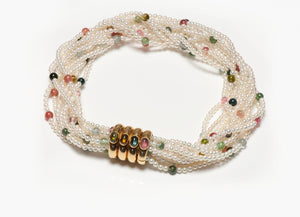Gemstone 18K Gold Clasp Multi Strand Pearl Collar Necklace