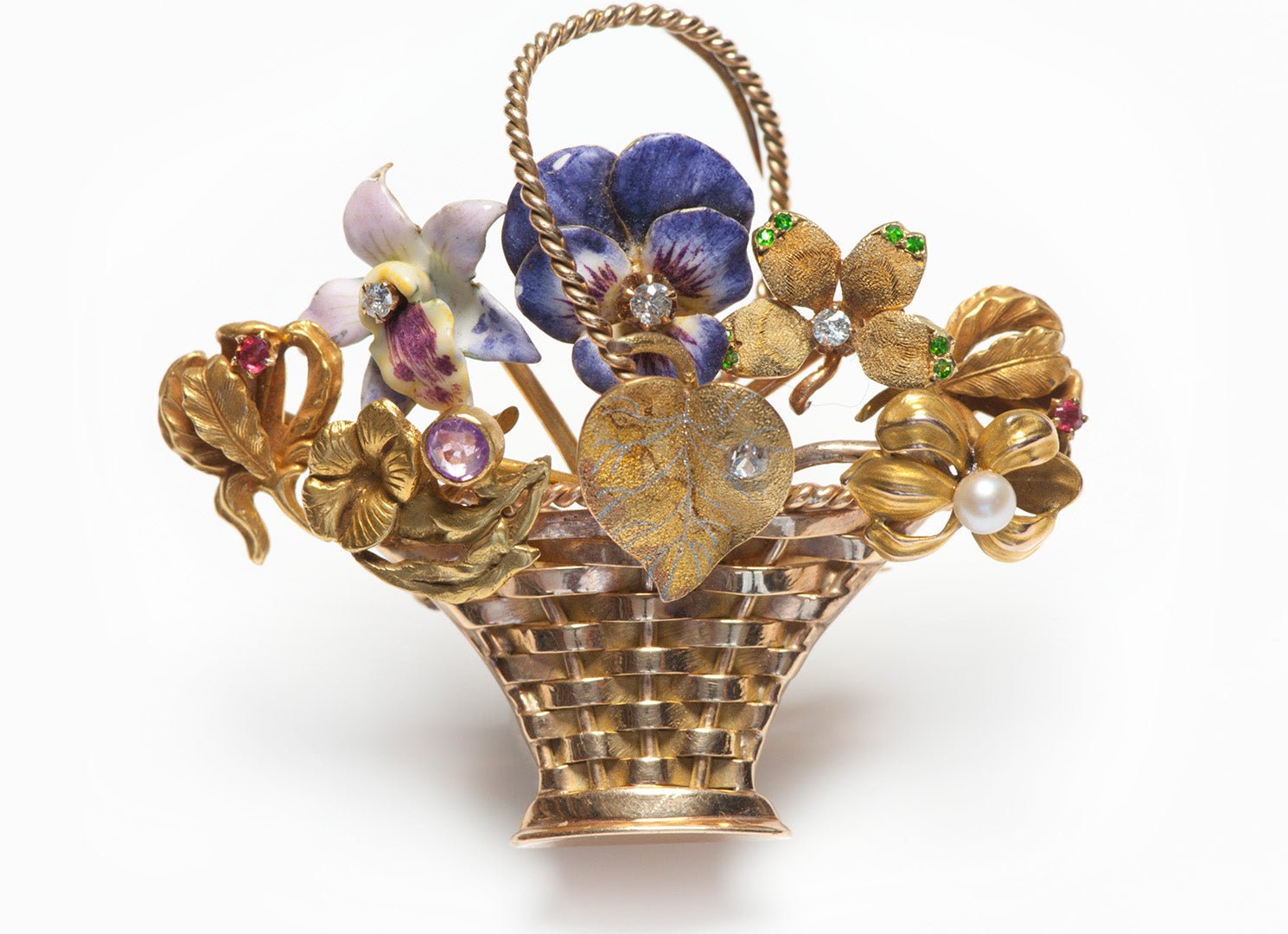 Gemstone Gold Enamel Flowers Basket Brooch - DSF Antique Jewelry