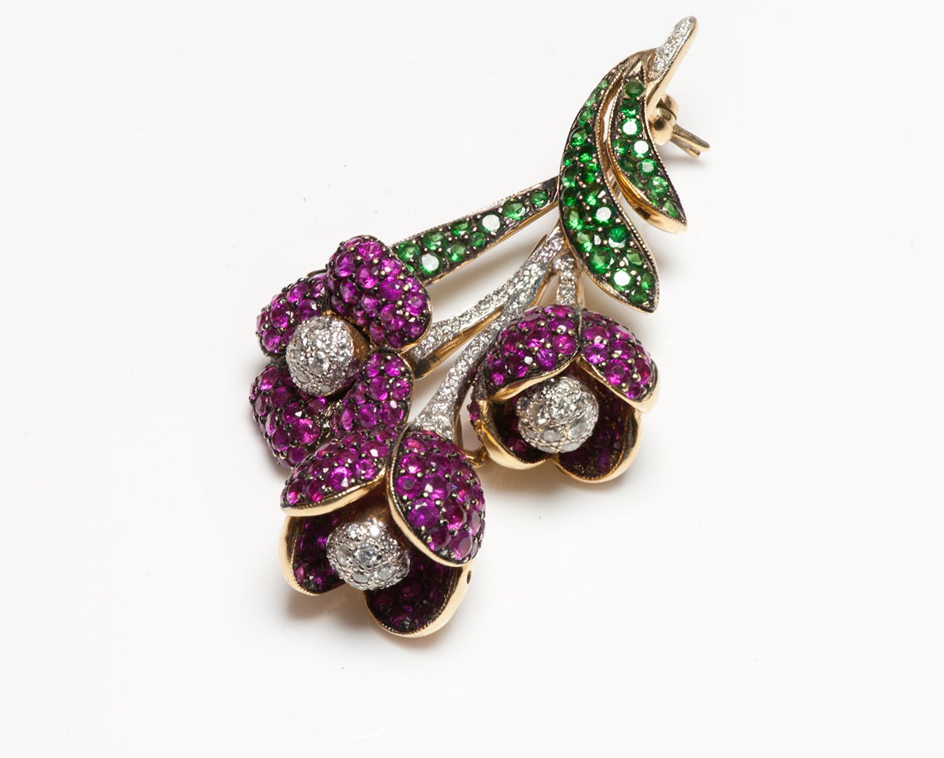 Gemstone Gold Ruby Diamond Tsavorite Flower Brooch - DSF Antique Jewelry