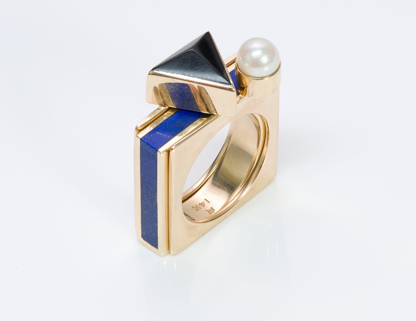 Geometric Modernist Gold Pearl Onyx Lapis 3 Ring Combo