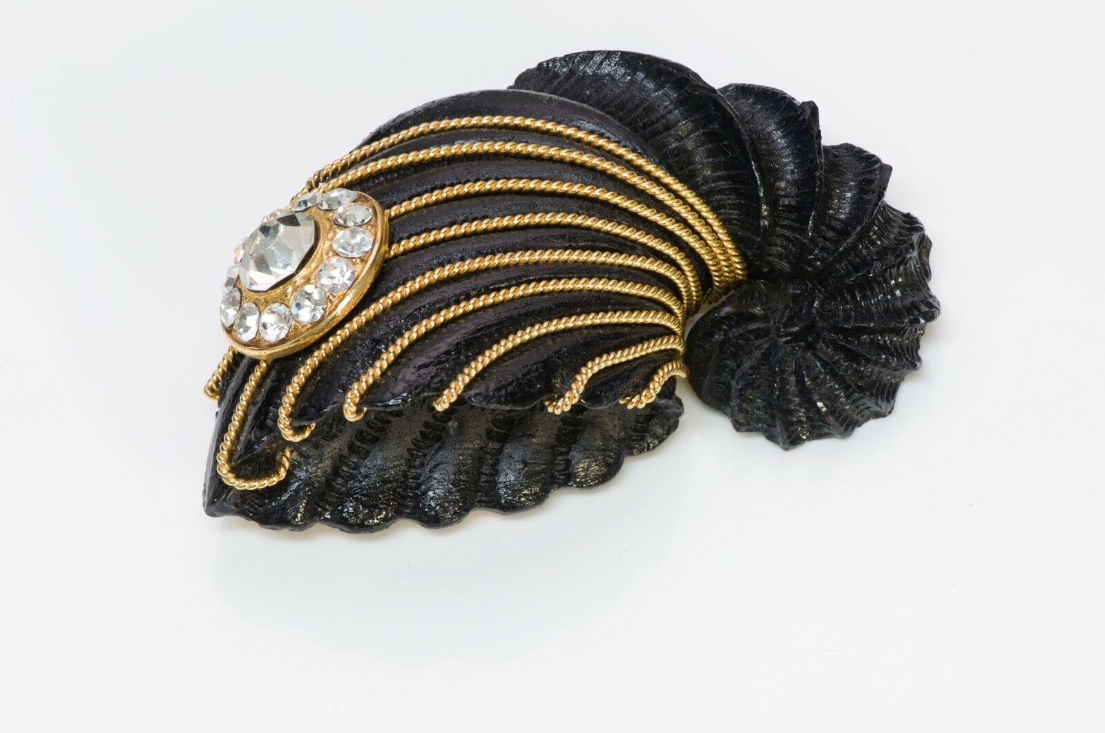 Gianfranco FERRE Couture Black Resin Rope Crystal Large Shell Brooch