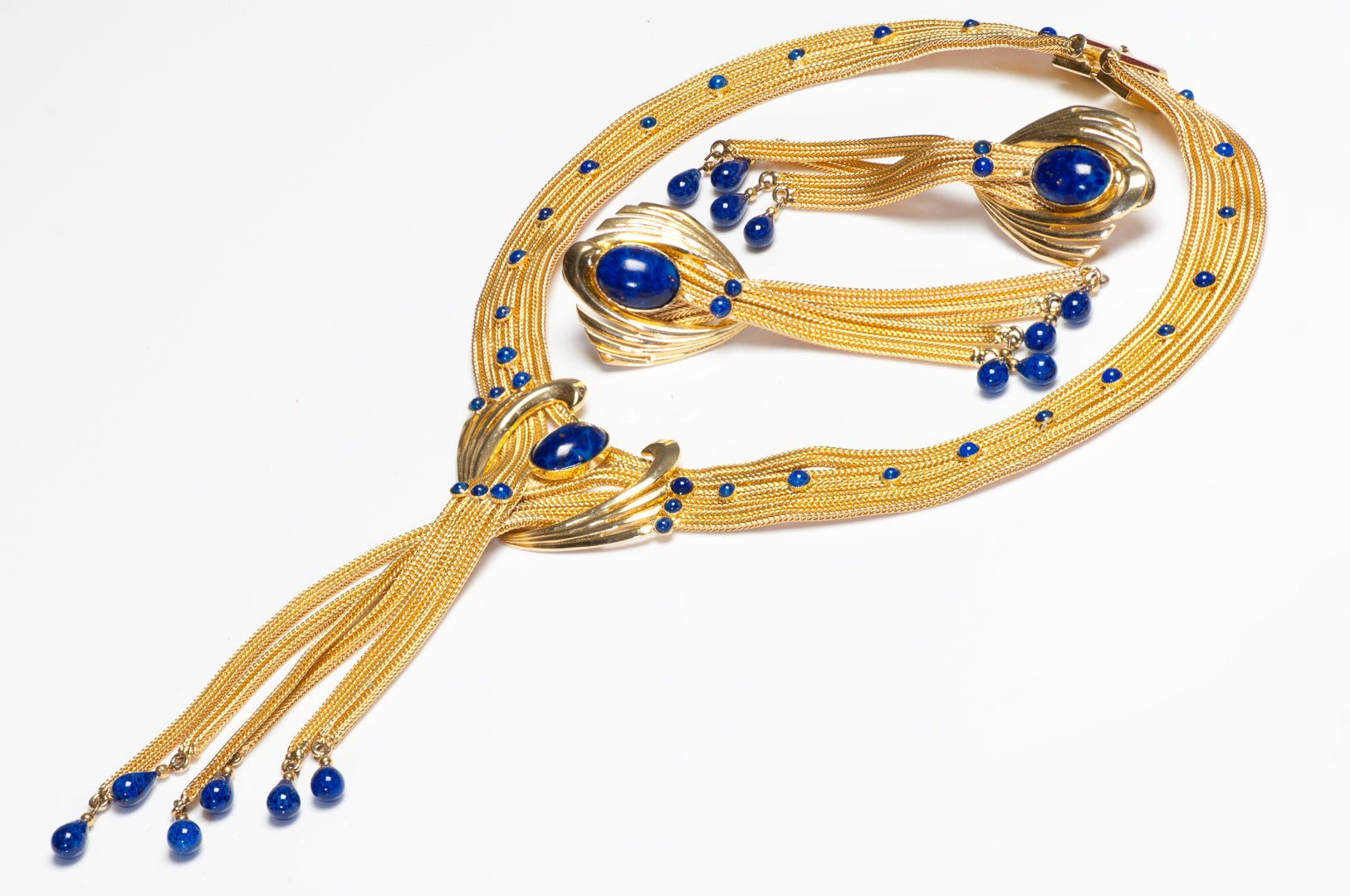 Gianni de Liguoro 1980’s Blue Glass Tassel Mesh Chain Necklace Earrings Set
