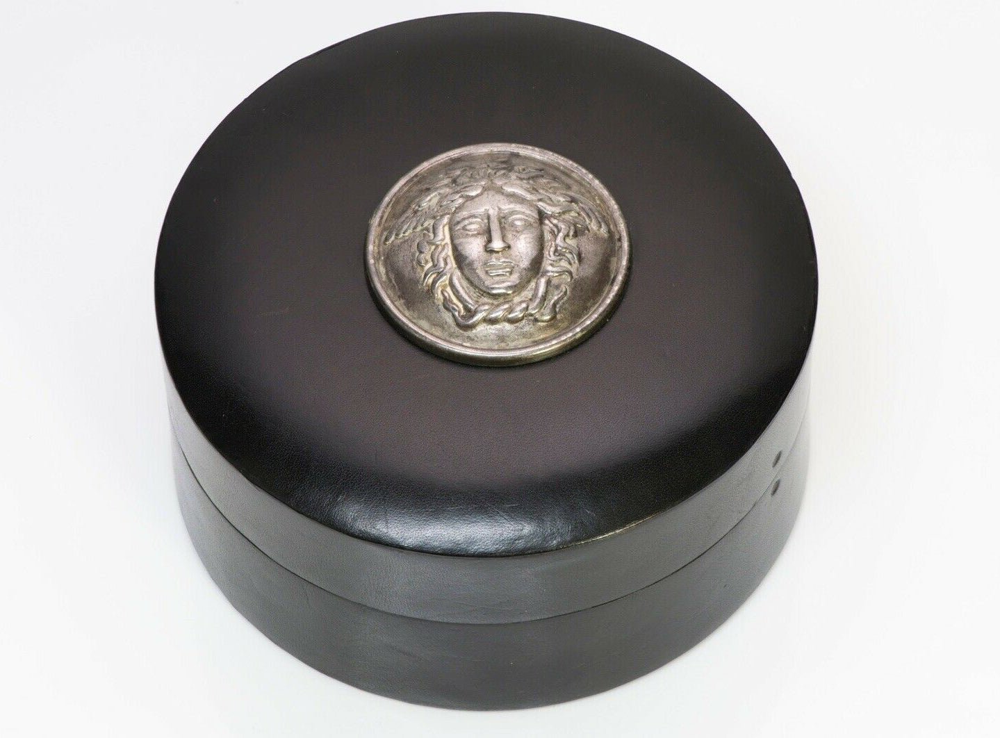 Gianni Versace Black Leather Sterling Silver Medusa Round Jewelry Box Case