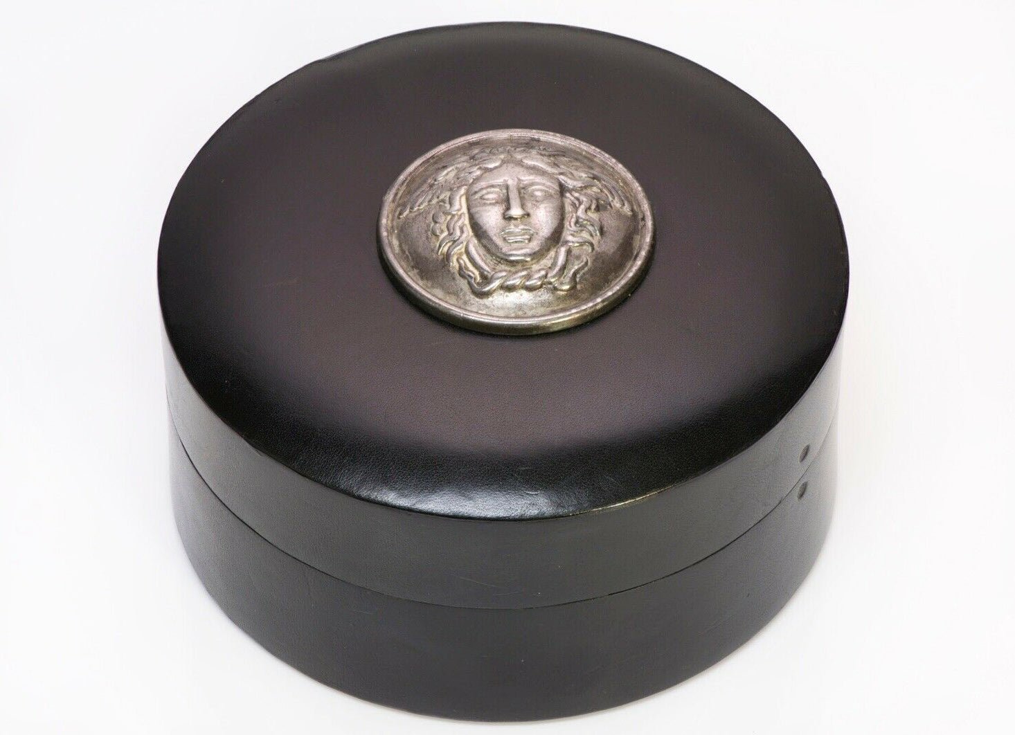 Gianni Versace Black Leather Sterling Silver Medusa Round Jewelry Box Case
