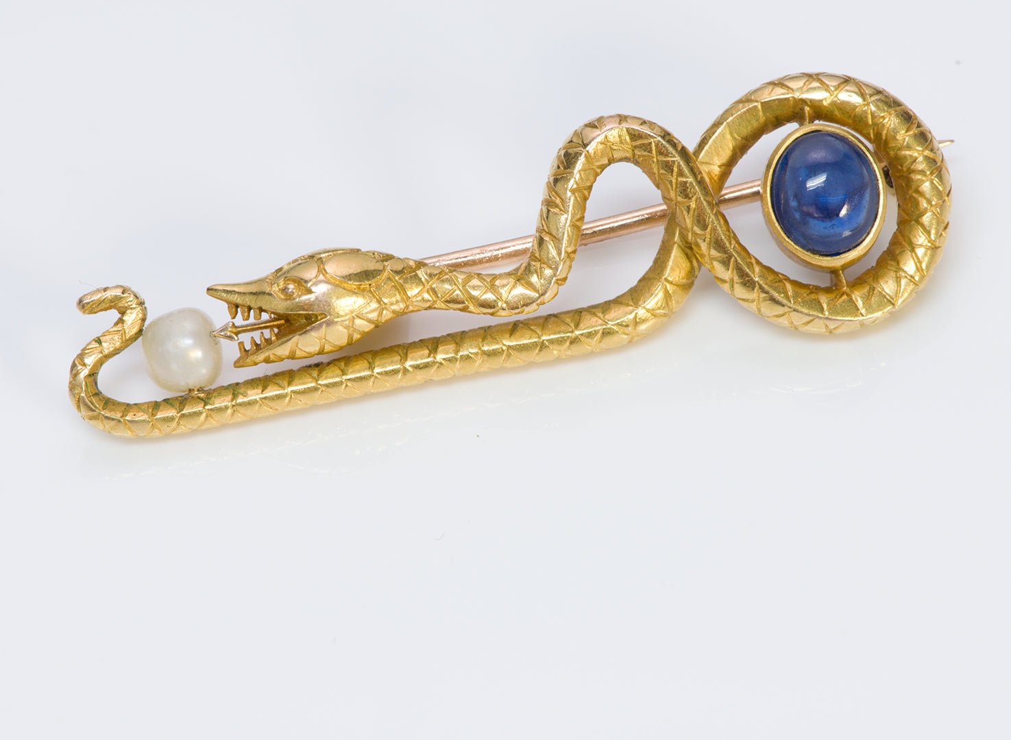 Giordano Antique Sapphire Natural Pearl Gold Snake Brooch