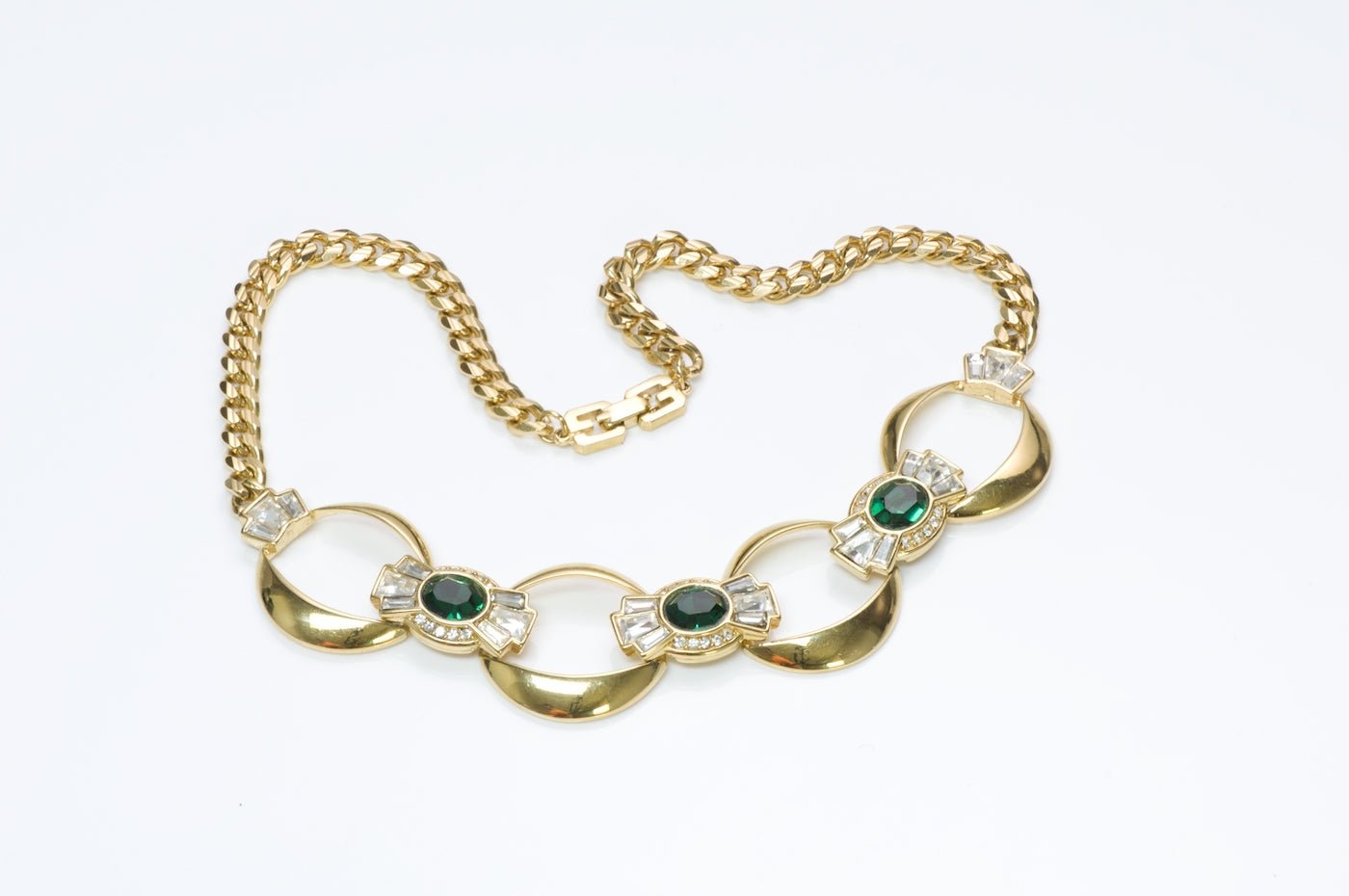 Givenchy Paris Gold Plated Green Crystal Earrings Necklace Set