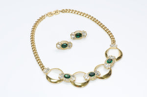 Givenchy Paris Gold Plated Green Crystal Earrings Necklace Set