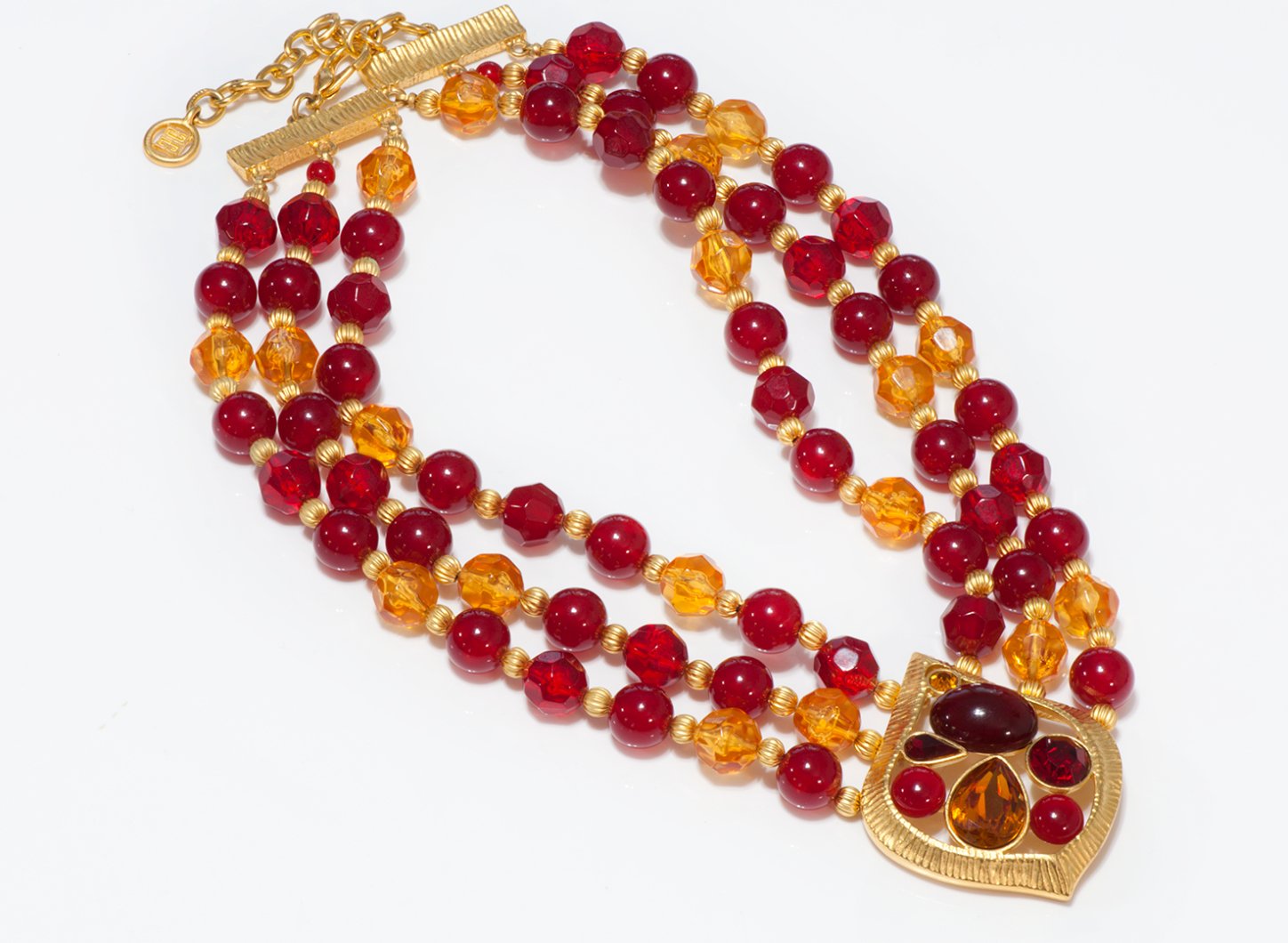 Givenchy Paris Gold Plated Red Yellow Resin Beads Collar Necklace