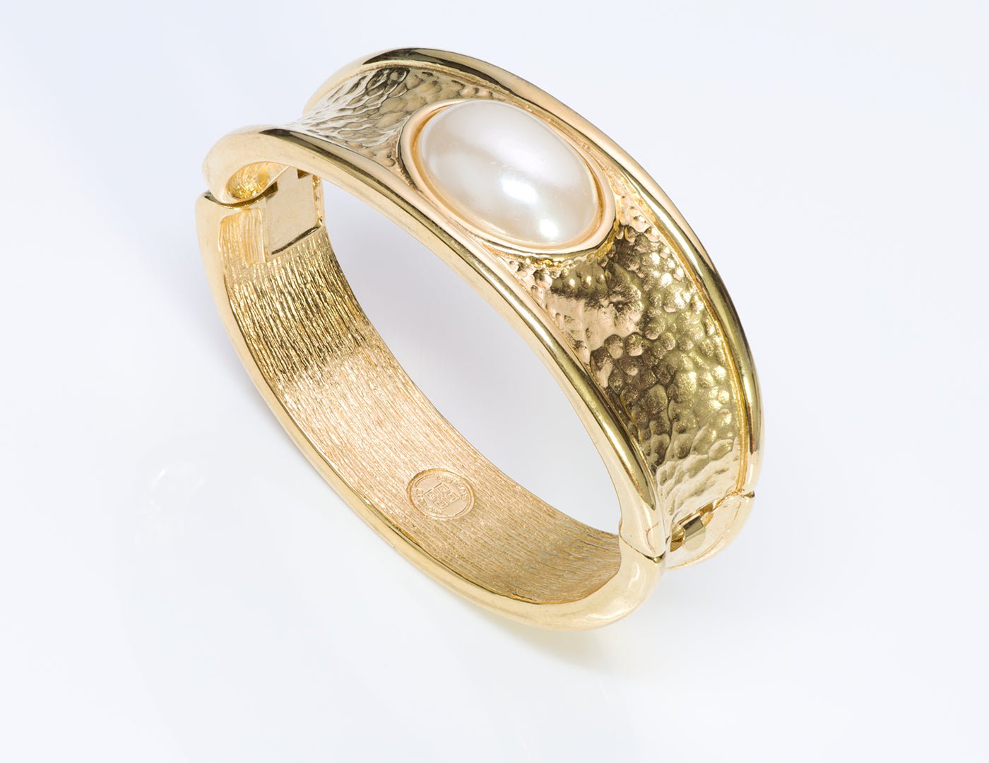 Givenchy Paris Gold Tone Hammered Pearl Bangle Bracelet