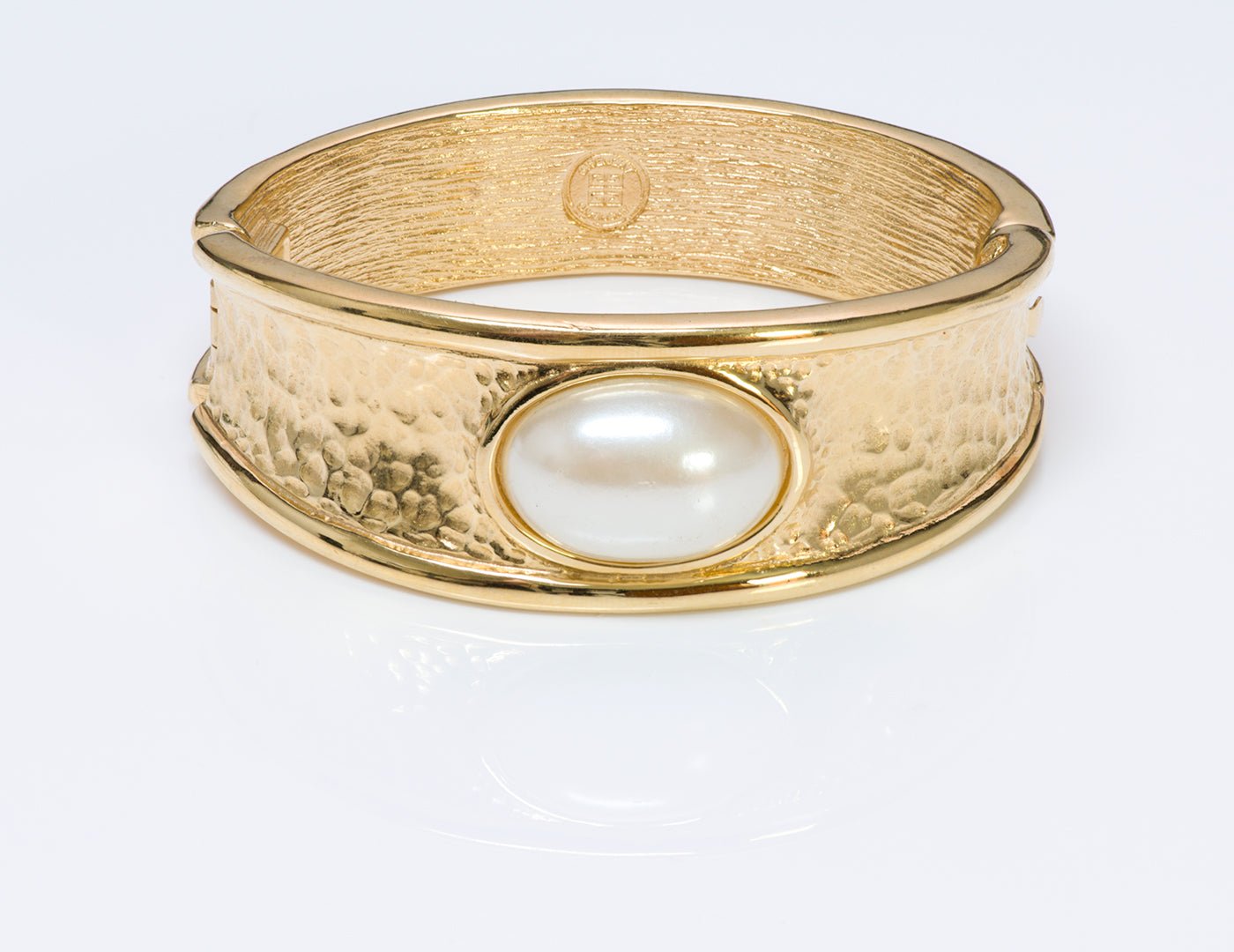 Givenchy Paris Gold Tone Hammered Pearl Bangle Bracelet
