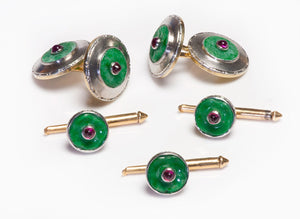Antique Gold Carved Jade Ruby Cufflink Stud Set