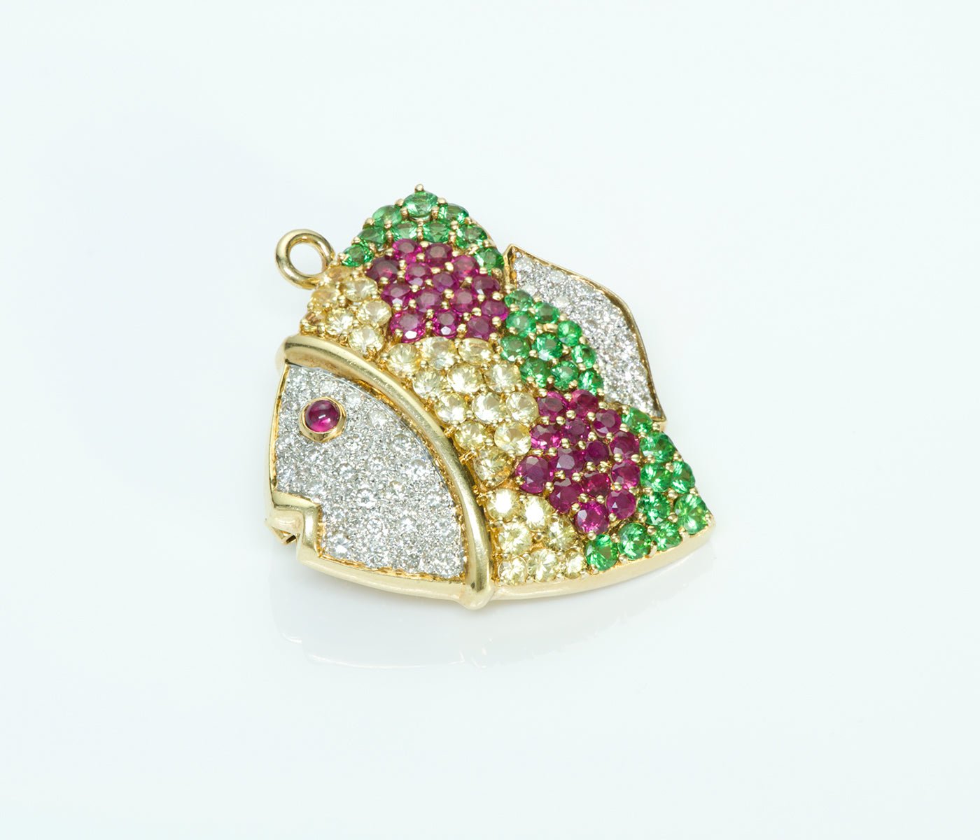 Gold Fish Diamond Sapphire Tsavorite Ruby Pendant/Brooch