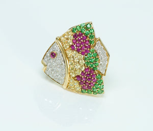 Vintage 18K Gold Fish Brooch-Pendant – Diamond, Sapphire, Tsavorite & Ruby