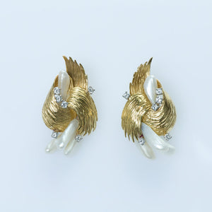 Vintage Textured Gold Pearl Diamond Earrings