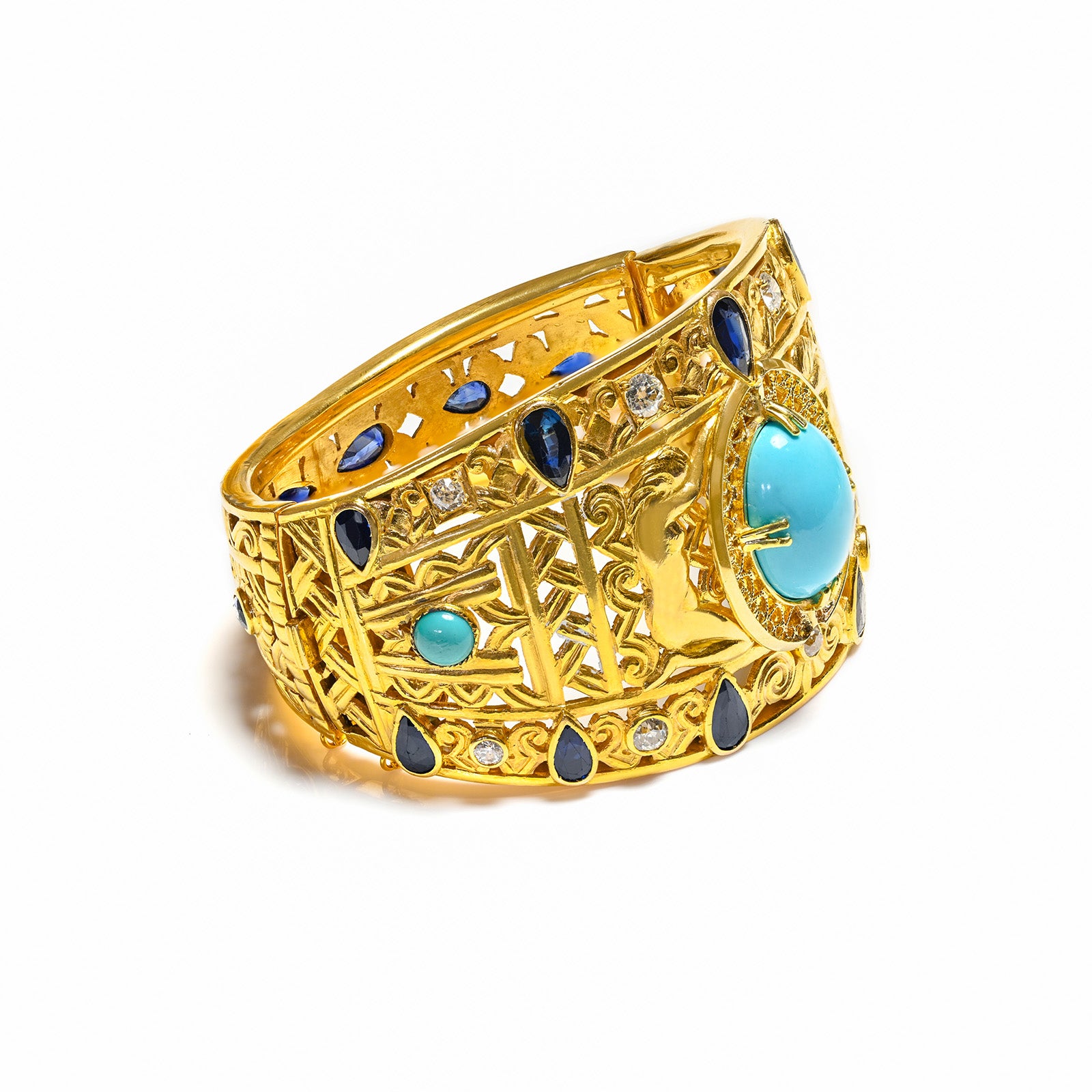 18K Gold Egyptian Revival Turquoise Gemstone Bracelet