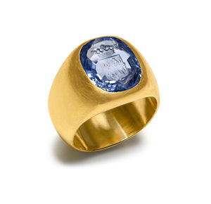 Antique No Heat  Ceylon Sapphire Intaglio Crest 18K Gold Men's Ring