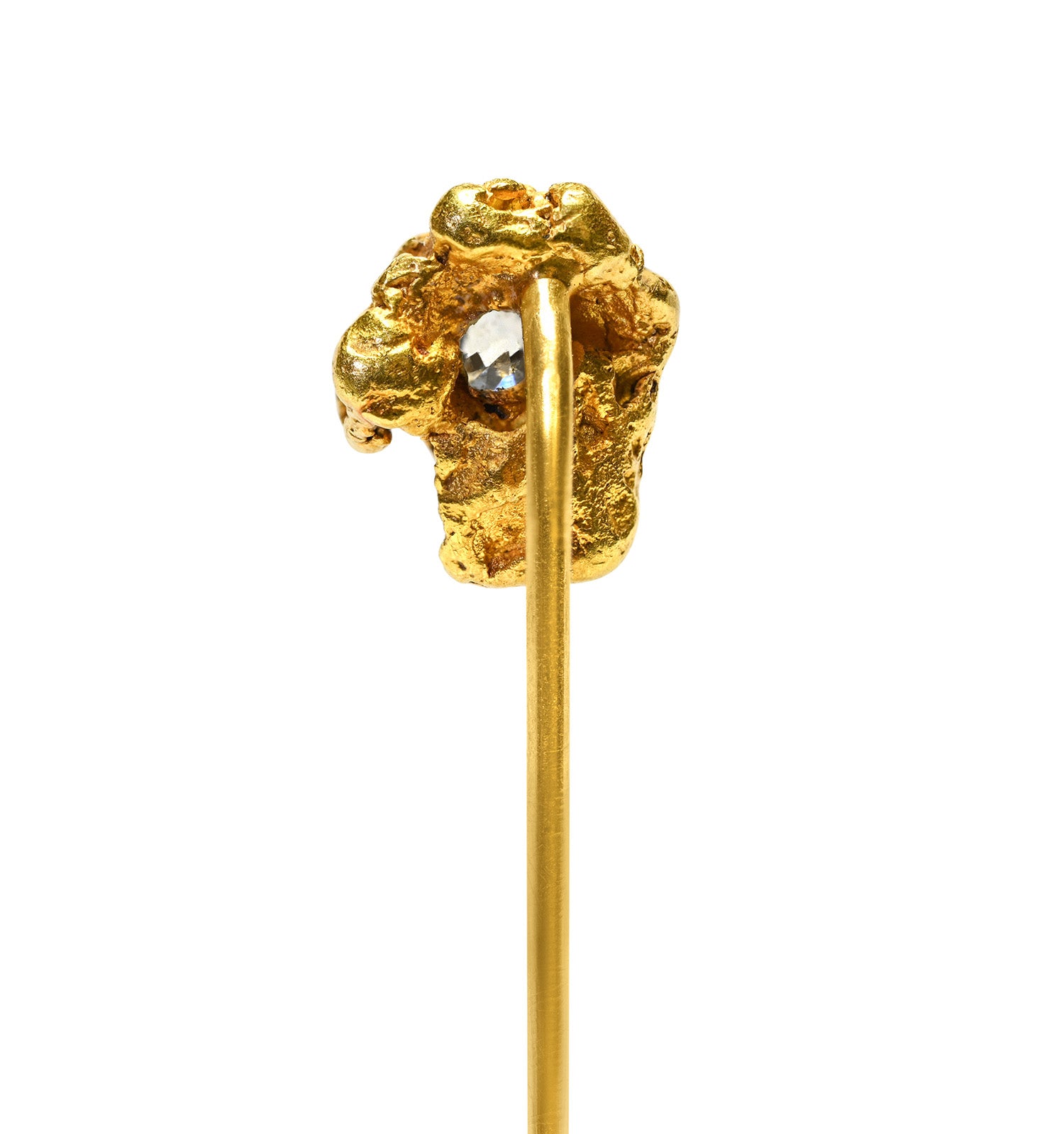 Antique Victorian 24K Gold Nugget Old Mine Cut Diamond Stick Pin