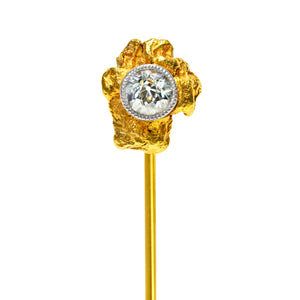 Antique Victorian 24K Gold Nugget Old Mine Cut Diamond Stick Pin