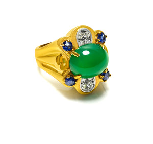 Women’s 18K Yellow Gold Green Onyx Diamond Sapphire Ring