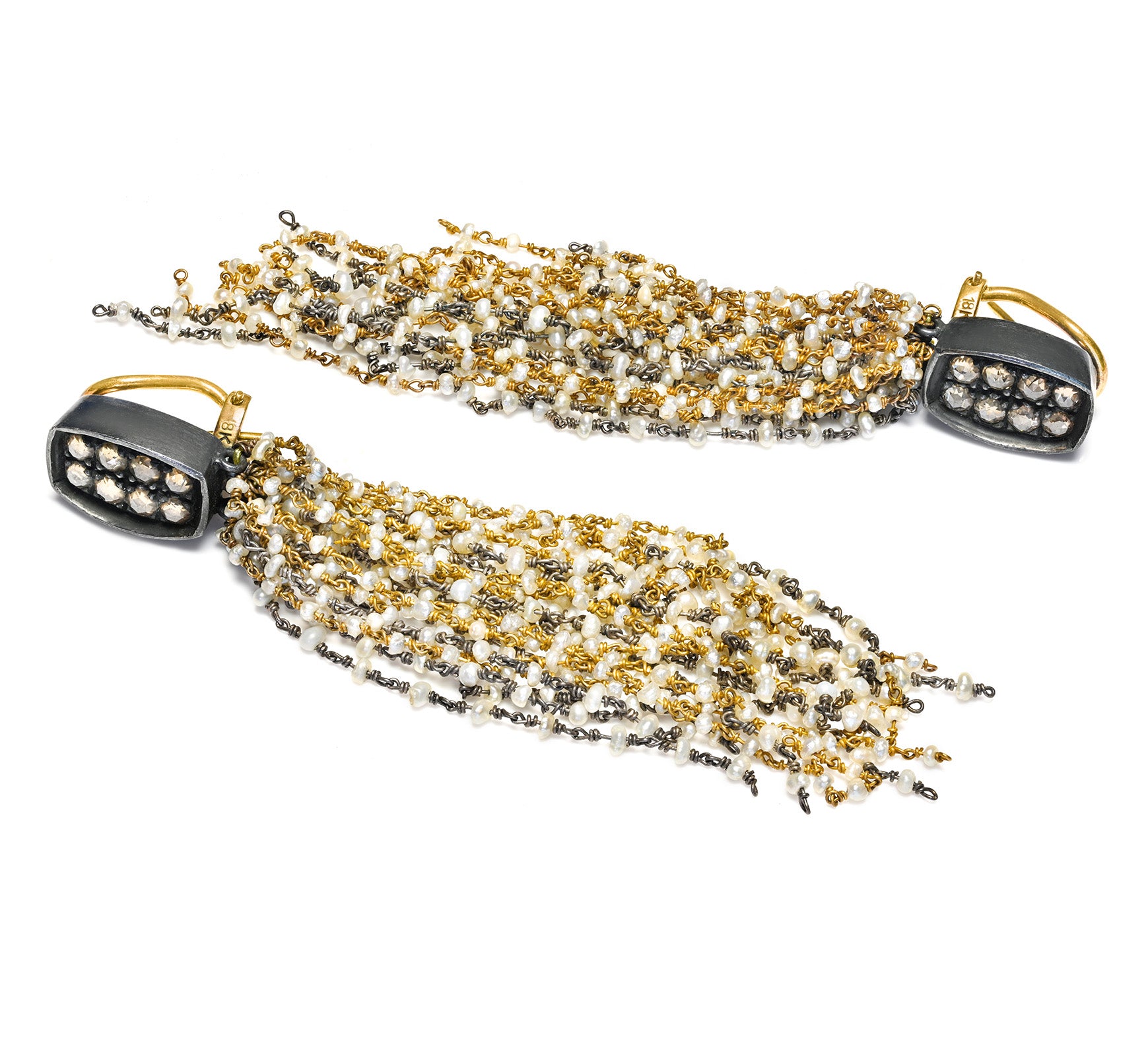 Gold and Silver Diamond Drop Earrings Seed Pearls