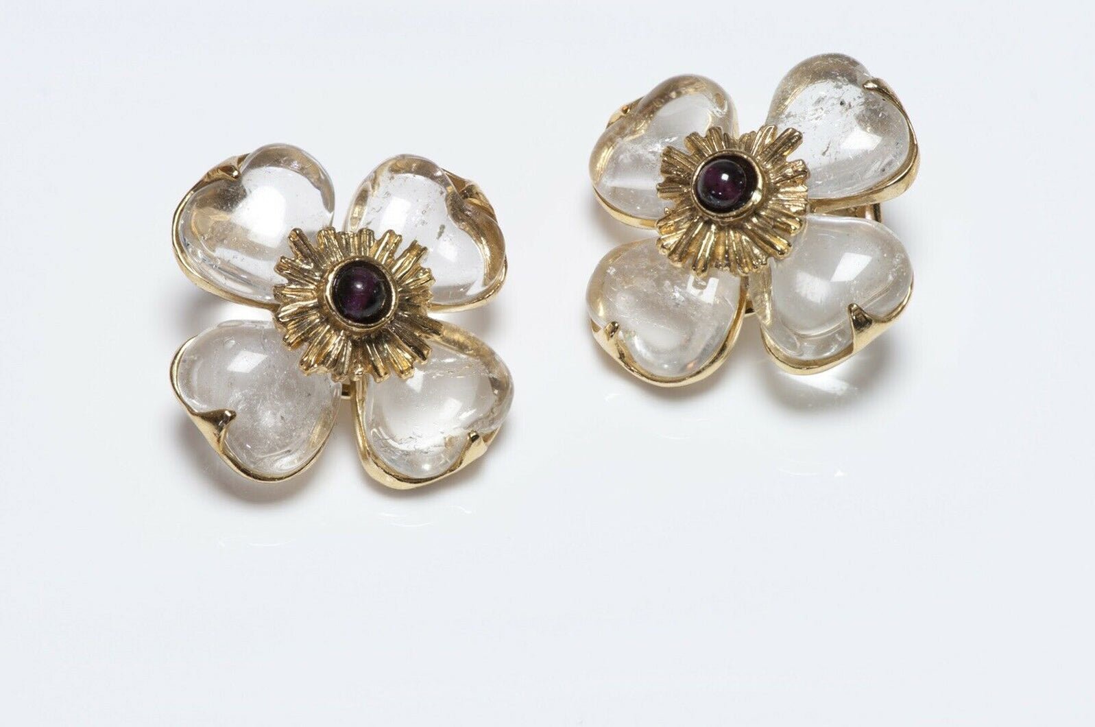 Goossens Paris Rock Crystal Quartz Garnet Flower Earrings